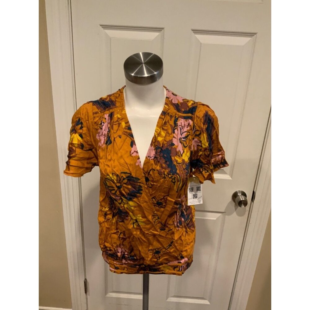 Tiny Brown Yellow & Pink Deep V-Neck Shirt, Size S